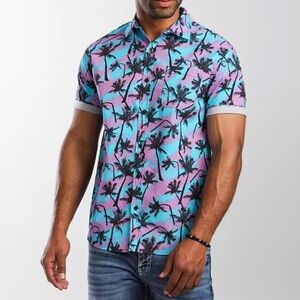 Super Massive Hawaiian Palm Tree Poplin Shirt Men's Size S Pink Blue Tropical